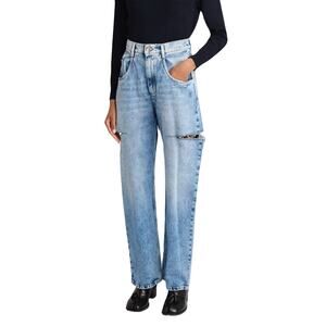 MAISON MARGIELA Jeans 28”Blue High-Waist Barrel Wide Slashed Raw-Hem Luxury Zip